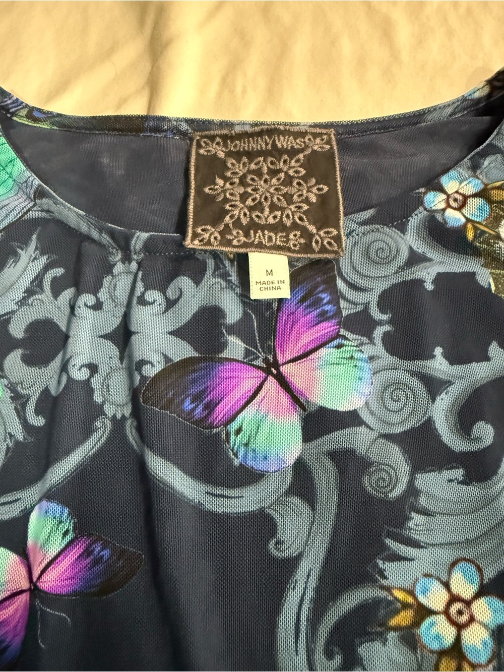 Johnny Was Blue Butterfly Floral Print Top